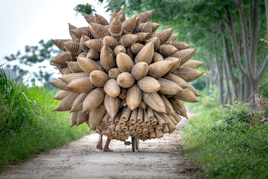 Rural scene of a worker transporting numerous bamboo baskets on a bicycle.